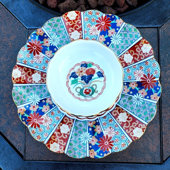 Arita Imari Fan Design Chip and Dip Set / Scalloped Tray & Bowl / Mid Century - Picture 2 of 6